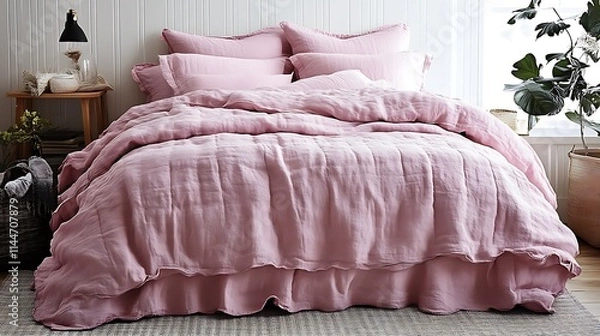 Fototapeta A Dusty Rose Linen Quilt Set on a Bed
