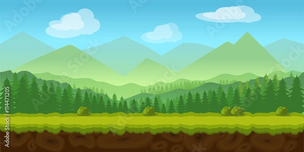 Fototapeta Zastosowanie Forest Game Tło 2D. Projekt wektorowy. Wypłynny w poziomie. Rozmiar 1024x512. Gotowy do efektu paralaksy