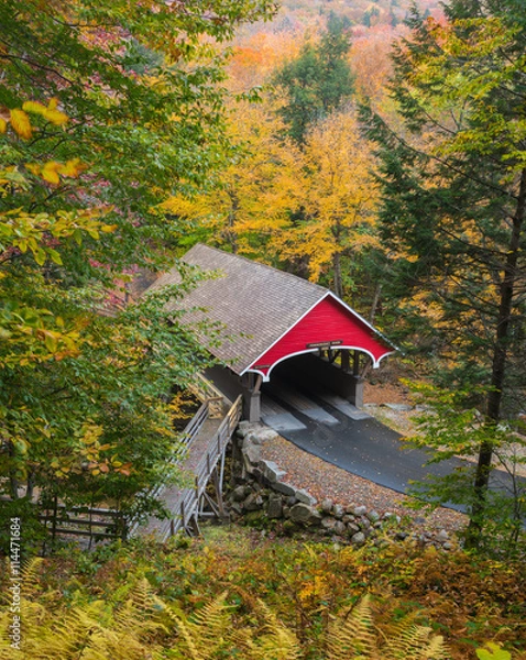 Fototapeta New Hampshire Covered Bridge - The red covered wooden bridge across the Pemigewassett River in the White Mountains of New Hampshire stands out aginst colorful autumn foliage.