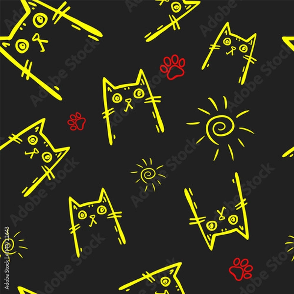 Fototapeta Seamless vector pattern with cute draw cats. Simple doodle style	
