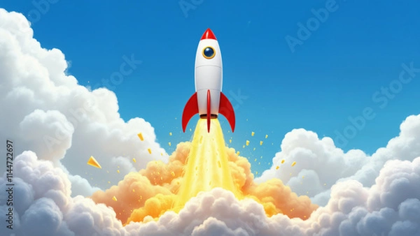Obraz a cartoon-style illustration of a rocket taking off into the sky, surrounded by fluffy white clouds