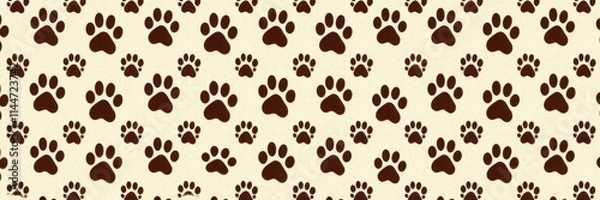 Fototapeta Charming dog paw print pattern, various sizes and angles, seamless pattern, textile, white