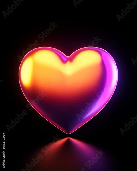 Fototapeta 3D render of a glowing orange and violet heart icon on black background. Concept of love, passion, and health assistance