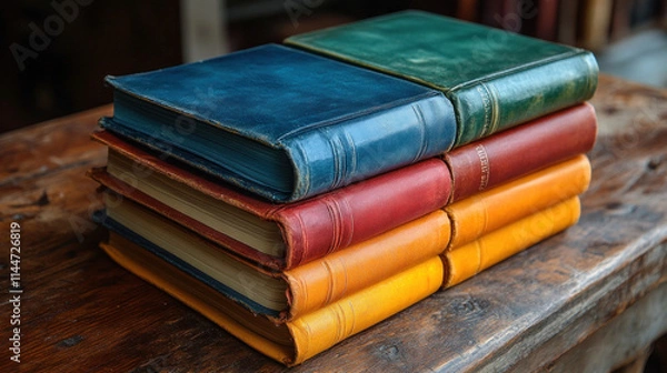 Fototapeta A colorful stack of bookmarks and journals arranged neatly on a wooden desk