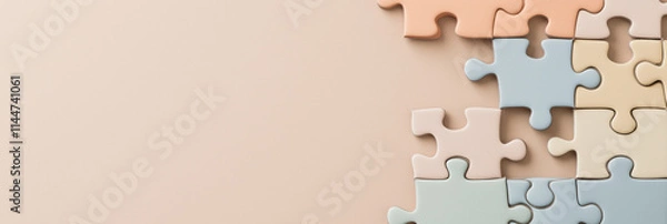 Obraz Neatly arranged colorful jigsaw puzzle pieces on a neutral background, reflecting creativity, problem-solving, and the interconnectedness of individual parts.