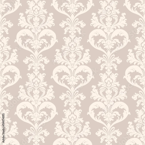 Fototapeta Damask seamless pattern. Luxury vector background in beige color. Elegant ornament in baroque, rococo, renaissance, revival style. Abstract texture with curly floral elements. Subtle repeated design