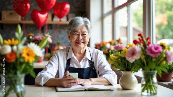 Fototapeta Portrait happy gray-haired elderly old Asian woman sitting at the table, with a phone in her hand and a notepad, in the blurred background there is a flower shop, concept Valentine's Day 