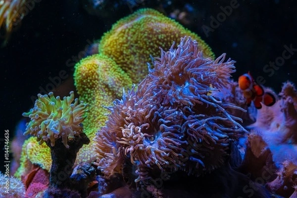 Fototapeta duncan coral colony, LPS polyp glow in LED blue light, torch coral move tentacle on frag plug, live rock nano reef marine aquarium, pet for beginner aquarist, shallow dof, wave maker laminar flow