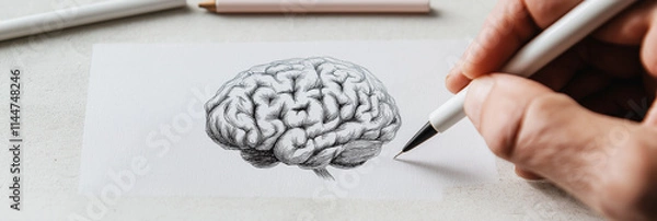Fototapeta A hand uses a pen to sketch a detailed brain illustration on a white paper surface, highlighting creativity, knowledge, and the intricacy of cognitive processes.