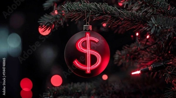 Fototapeta Red dollar sign ornament on a Christmas tree.