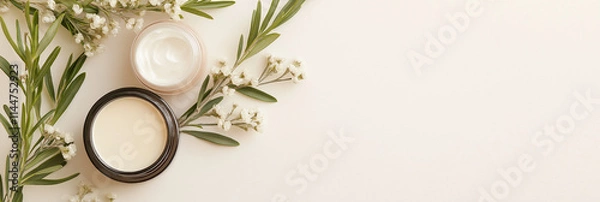 Obraz Open jars of creamy skincare products surrounded by fresh, green botanical elements enhance the theme of natural beauty and self-care against a soft background.
