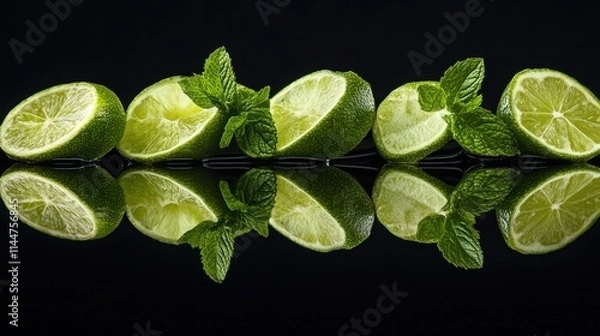 Fototapeta Slices of lime and mint leaves on a reflective surface, emphasizing refreshing and zesty flavors