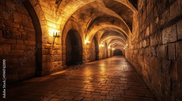 Fototapeta Spooky medieval dungeon with arched stone walls, a brick floor, and torches illuminating the hauntingly dark corridor