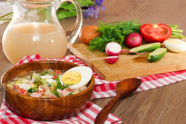 Fototapeta Okroshka. Cold summer soup of vegetables with homemade kvass