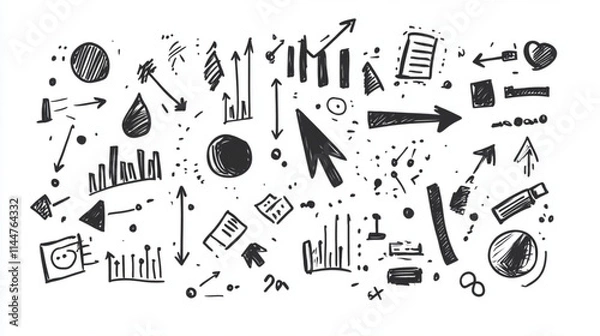 Fototapeta Abstract doodle set with arrows, data icons, and creative symbols for infographics