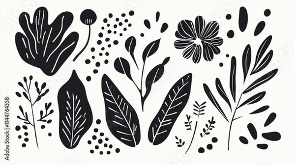 Fototapeta Abstract doodles of minimalistic shapes, leaves, and flowers for contemporary design