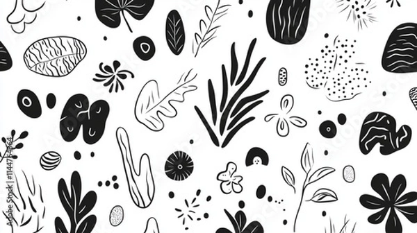 Fototapeta Abstract doodles of minimalistic shapes, leaves, and flowers for contemporary design