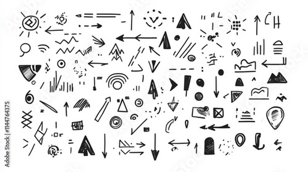 Fototapeta Abstract doodle set with arrows, data icons, and creative symbols for infographics