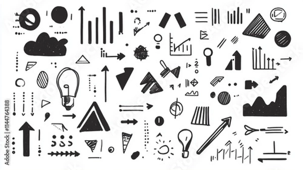 Fototapeta Abstract doodle set with arrows, data icons, and creative symbols for infographics