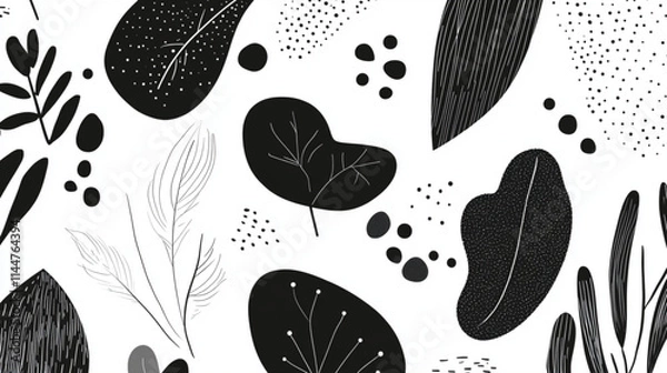 Fototapeta Abstract doodles of minimalistic shapes, leaves, and flowers for contemporary design
