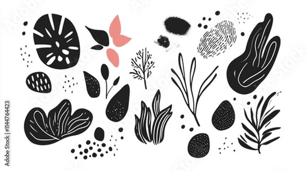 Fototapeta Abstract doodles of shapes, plants, and lines for modern design