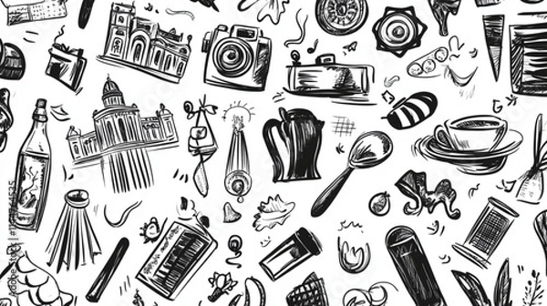 Fototapeta Artistic doodles of classical and contemporary objects for design elements, studio