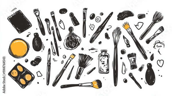 Fototapeta 
Artistic materials doodles with brushes, palettes, and paint for graphic design resources