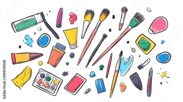 Fototapeta 
Artistic materials doodles with brushes, palettes, and paint for graphic design resources