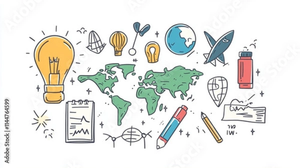 Fototapeta Business-themed doodles with science, travel, and finance icons for vector illustrations