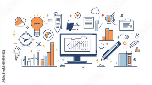 Fototapeta Business-themed doodle sets with office and startup symbols for vector illustrations