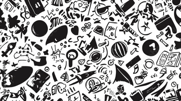 Fototapeta Business-themed doodles with science, travel, and finance icons for vector illustrations