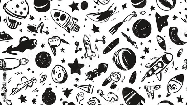 Fototapeta 
Cartoon-style doodle planets, rockets, and stars for space exploration themes, studio style, white background, black color icon

