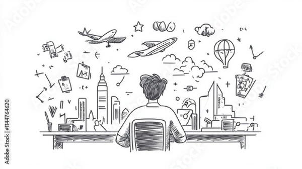 Fototapeta Business-themed doodles with science, travel, and finance icons for vector illustrations