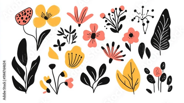 Fototapeta 
Cartoon-style doodles with retro-inspired flower and line designs for vector sets