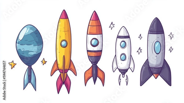 Fototapeta 
Cartoon-style doodle planets, rockets, and stars for space exploration themes, studio style, white background, black color icon

