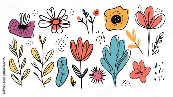 Fototapeta 
Cartoon-style doodles with retro-inspired flower and line designs for vector sets