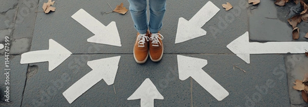 Fototapeta A person wearing brown shoes stands on pavement surrounded by large white arrows pointing in various directions, symbolizing decision-making or choices.