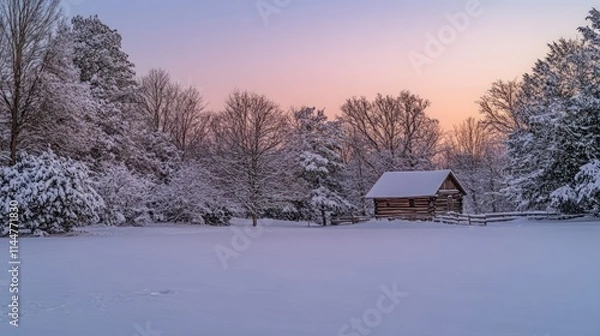Obraz Peaceful Winter Scene with Snow-Covered Trees and Cabin at Dusk