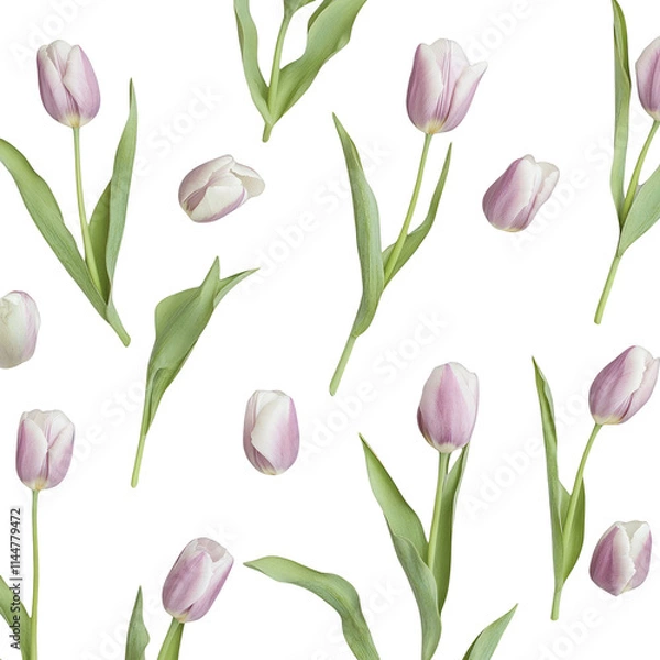Fototapeta Seamless floral pattern with pink and white tulips isolated on white background spring flowers banner floral design elements for valentines day mothers day womens day wedding invitation cards posters