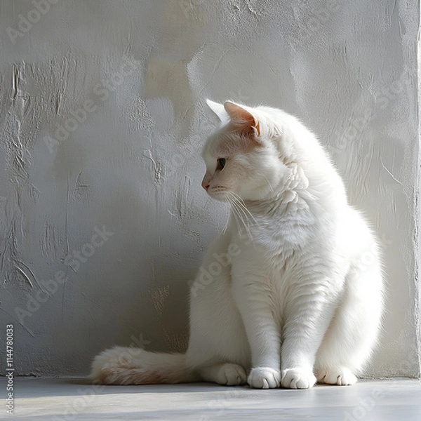 Obraz White Cat Sitting Gracefully by a Textured Wall