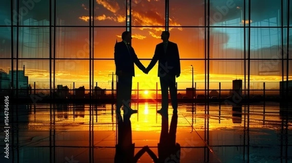 Fototapeta Business executives sealing a deal with a firm handshake as the sun sets behind the cityscape; reflections create a striking silhouette against the glass facade
