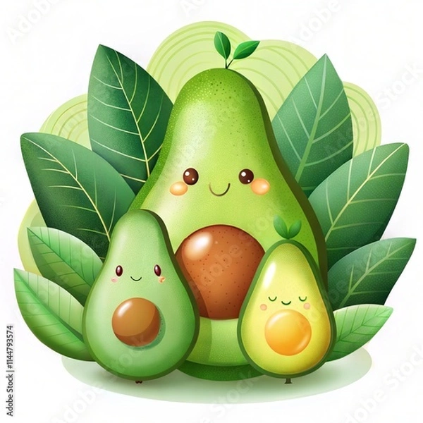 Fototapeta Cute Avocado Illustration with Smiling Fruit and Green Leaves
