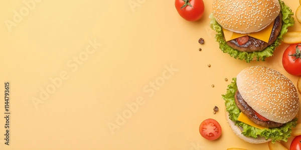 Obraz Two enticing burgers with cheese, tomatoes, and lettuce sit next to crispy fries on a vibrant yellow background, showcasing fast food in a delightful visual style.