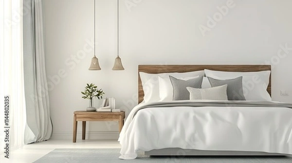 Fototapeta Brightly lit bedroom interior with stylish bed linens and a focus on the simplicity of bedroom design, creating a serene atmosphere. Ample copy space for versatility.