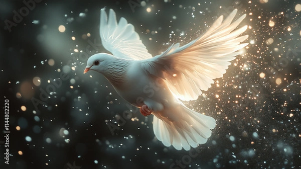 Obraz A dove flying with soft, glowing trails following its wings.