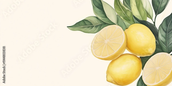 Obraz A lively depiction of lemons with cut and whole fruits adorned by green leaves, emphasizing freshness and zest. Ideal for vibrant kitchen or cooking themes.
