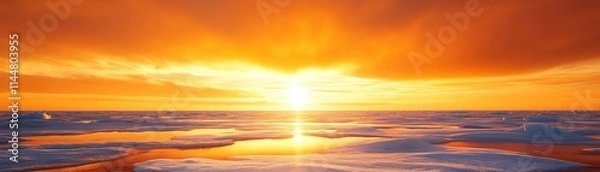 Fototapeta A breathtaking sunset over the ocean, casting golden reflections on the water.