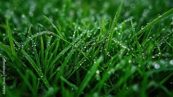 Fototapeta Vibrant spring grass adorned with glistening dew droplets creates a fresh and serene atmosphere, perfect for capturing the essence of spring. High-quality photo with ample copy space.