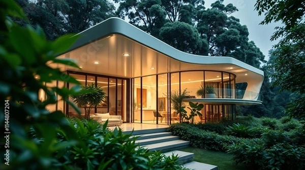 Obraz Extreme Macro of a Futuristic Eco-House with Lush Green Foliage and Advanced Architecture.