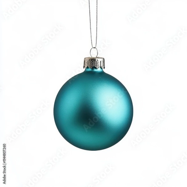 Fototapeta Turquoise Christmas ornament hangs on a thread, against an isolated white background